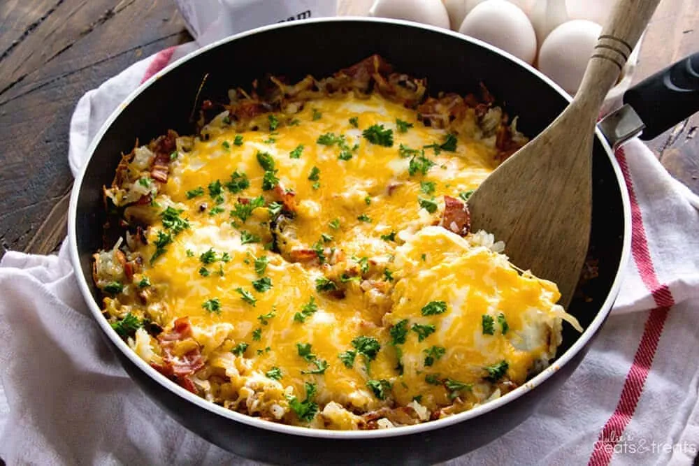 Cheesy Bacon Egg Hash Brown Skillet