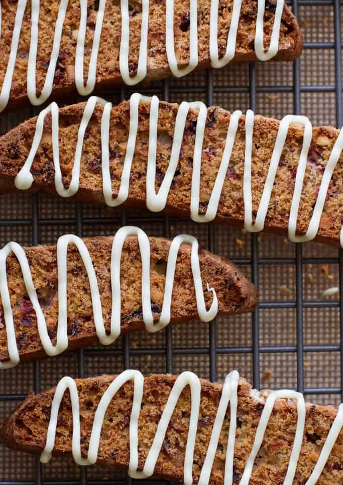 Cranberry Pistachio Biscotti with White Chocolate Drizzle