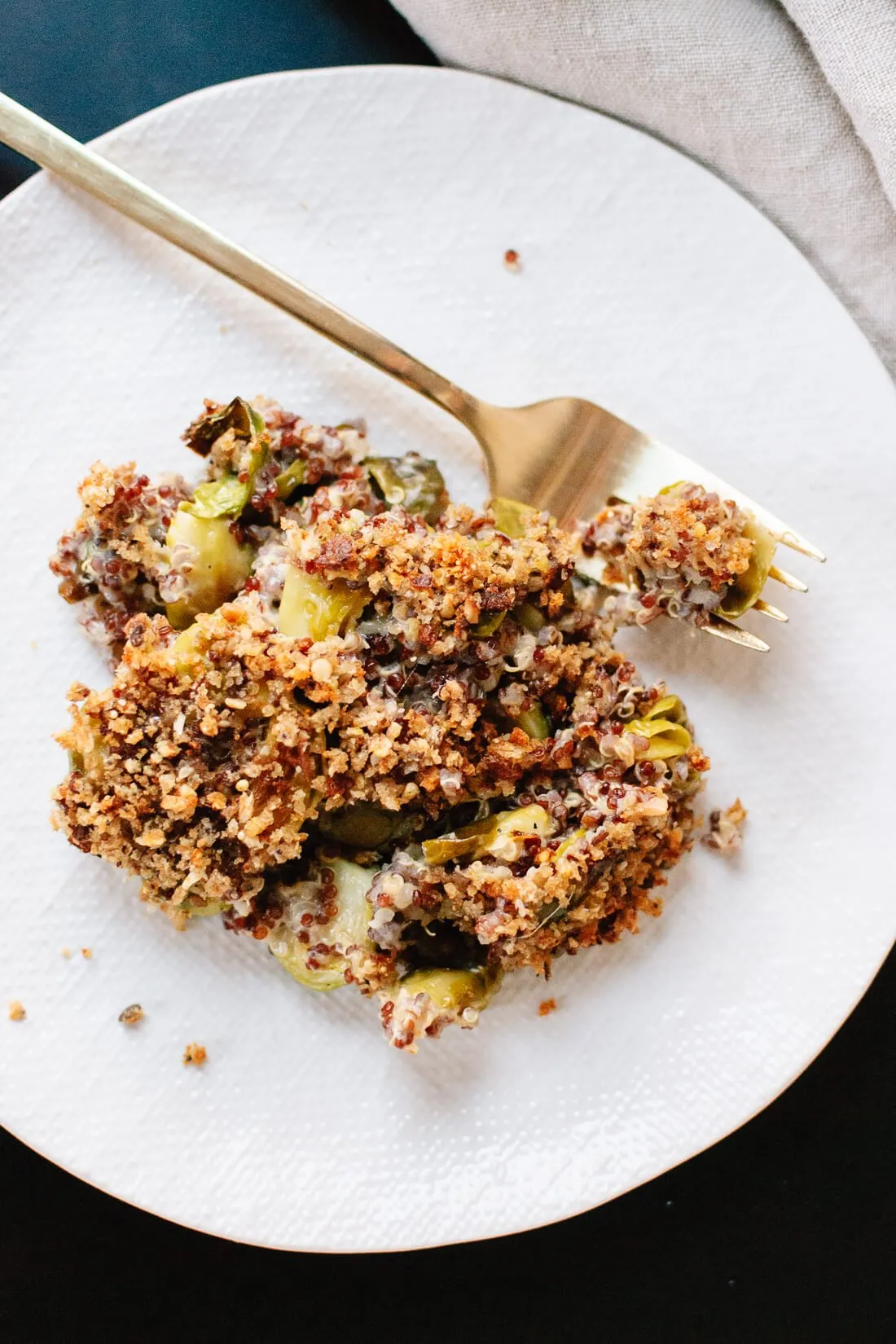 Creamy Roasted Brussels Sprout and Quinoa Gratin
