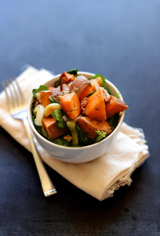 Dill Roasted Sweet Potatoes + Warm Spinach Salad