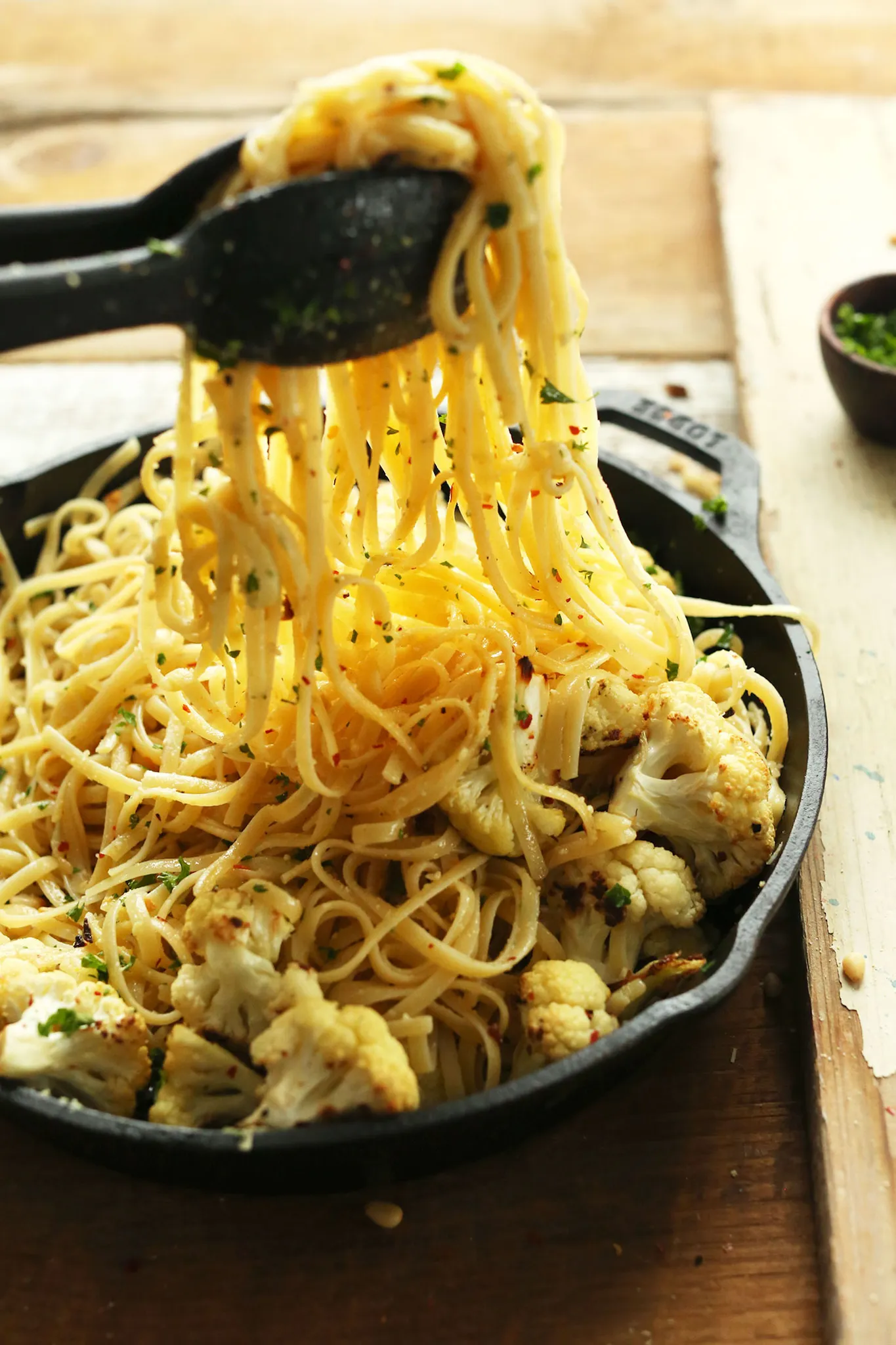 Garlic Chili Pasta with Roasted Cauliflower and Chicken