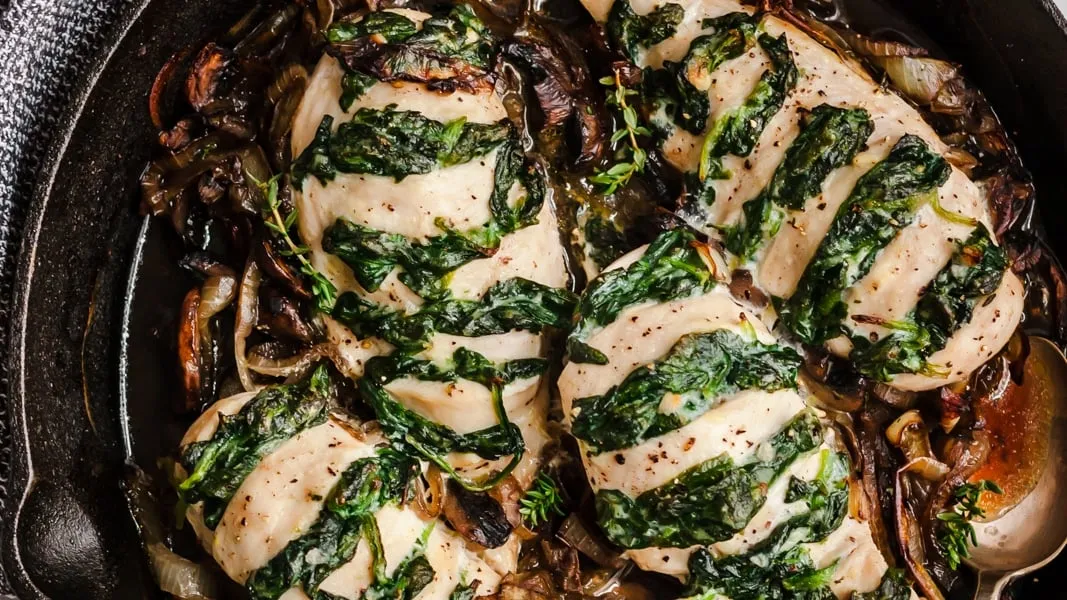 Goat Cheese & Spinach Stuffed Chicken Breast with Caramelized Onions + Mushrooms