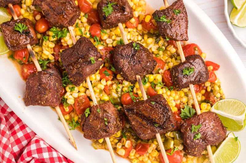 Grilled Beef Kabobs with Corn-Tomato Salad