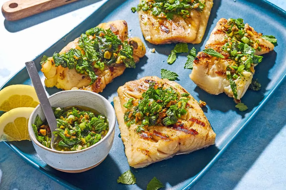 Grilled Cod with Pistachio-Herb Salsa