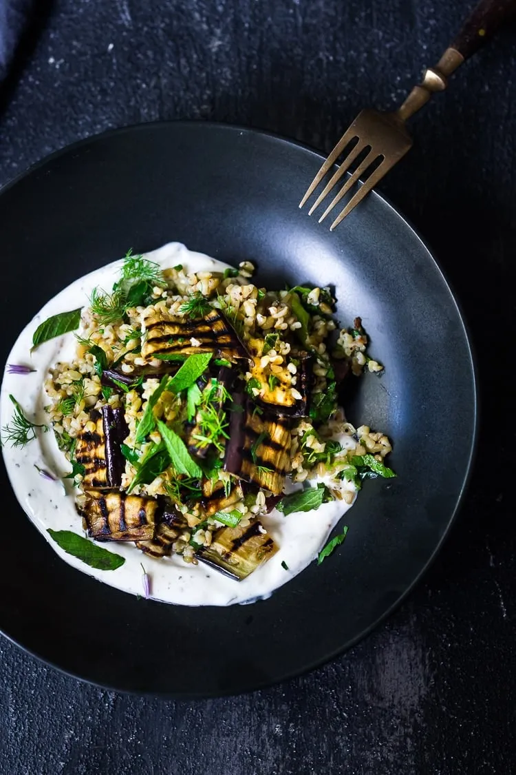Grilled Eggplant Salad with Freekeh and Yogurt Dressing