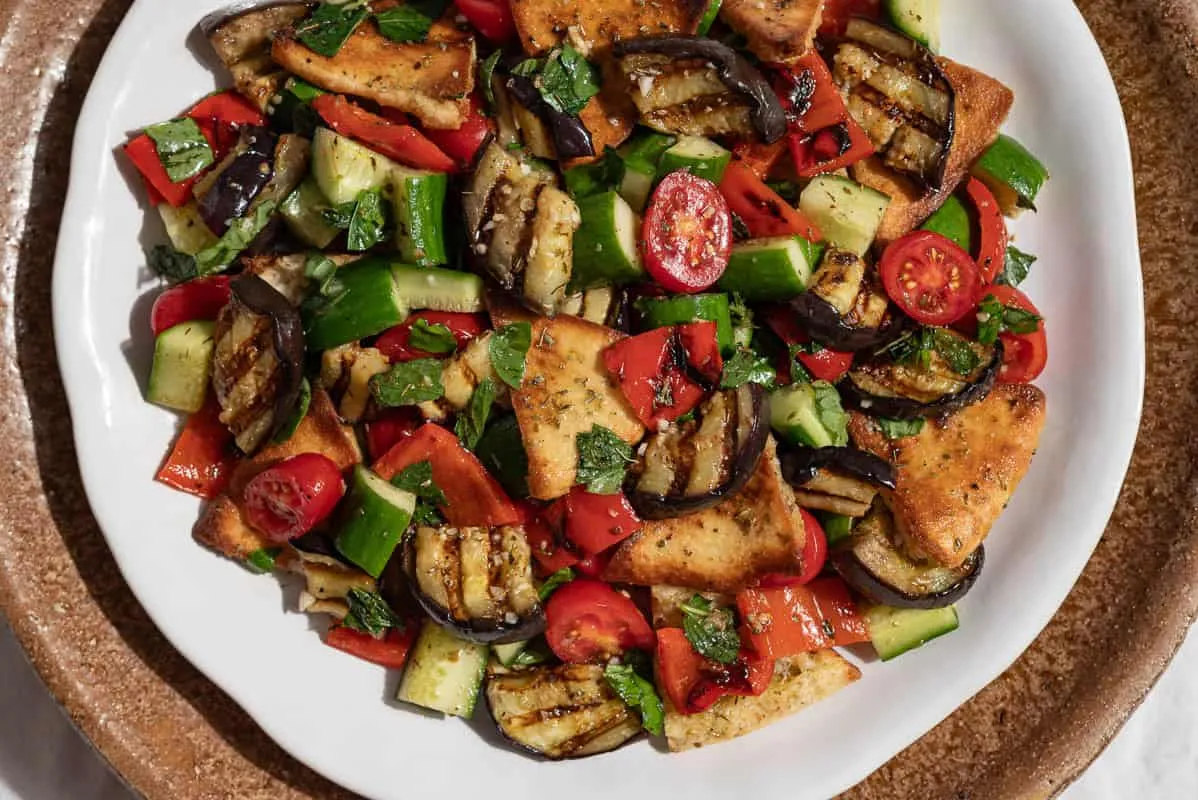 Grilled Eggplant Salad with Za’atar Pita Crisps