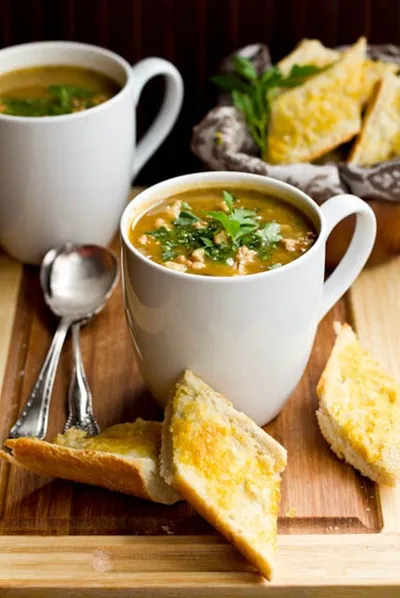 Mushroom Millet Soup with Cheezy Garlic Bread