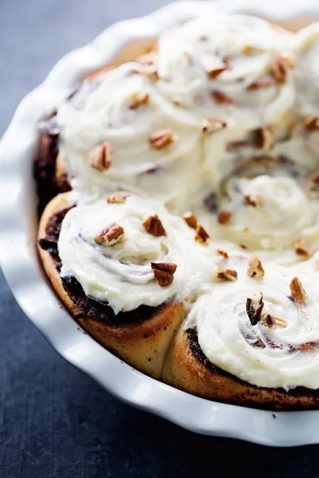 One Hour Chocolate Pecan Cinnamon Rolls with Cream Cheese Frosting