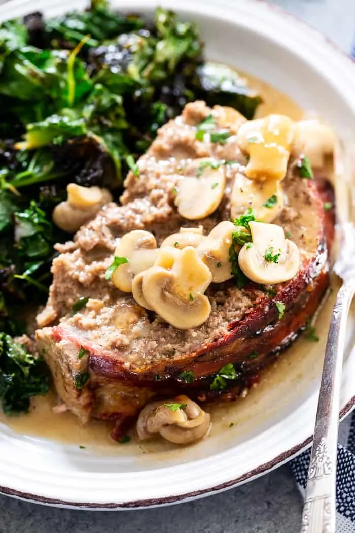Bacon Wrapped Meatloaf with Mushroom Gravy {Paleo, Whole30, Keto}