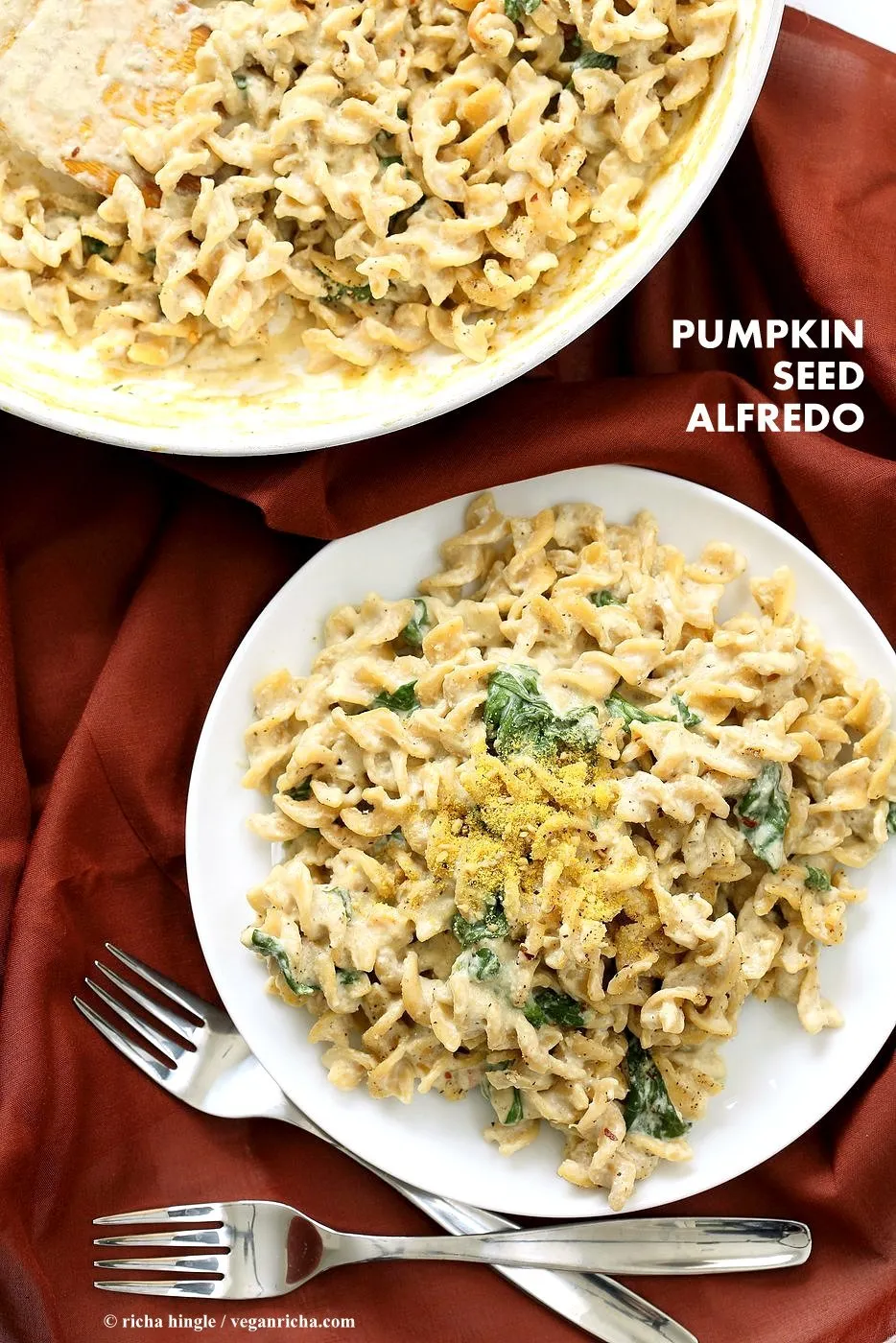 Pumpkin Seed Alfredo Fusilli. Nut-free Vegan Alfredo Recipe