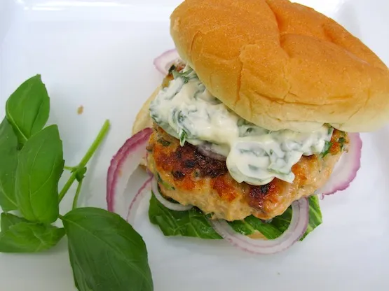Salmon Burgers with Basil-Garlic Mayo