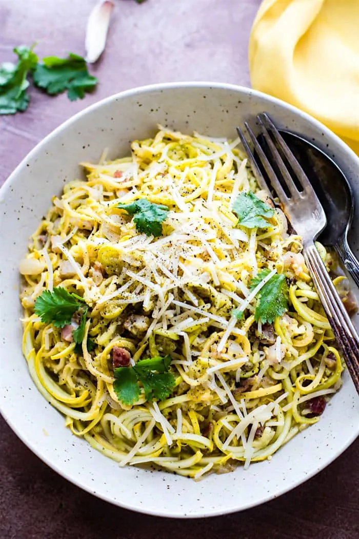 Spiralized Squash Carbonara with Pancetta