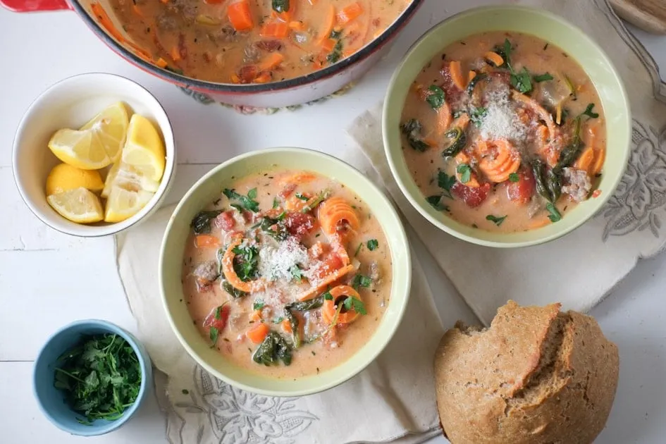 Spiralized Sweet Potato & Sausage Soup