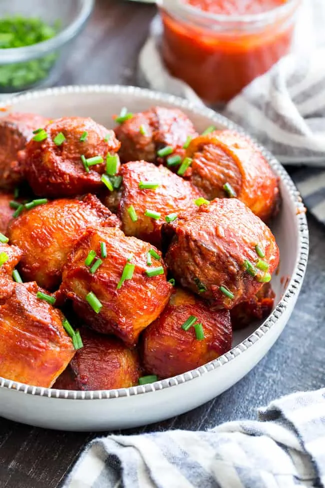 BBQ Bacon Wrapped Meatballs {Paleo, Whole30}
