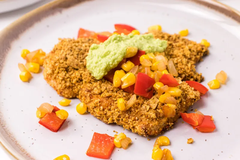Tortilla Crusted Turkey Cutlets with Spicy Avocado Sauce
