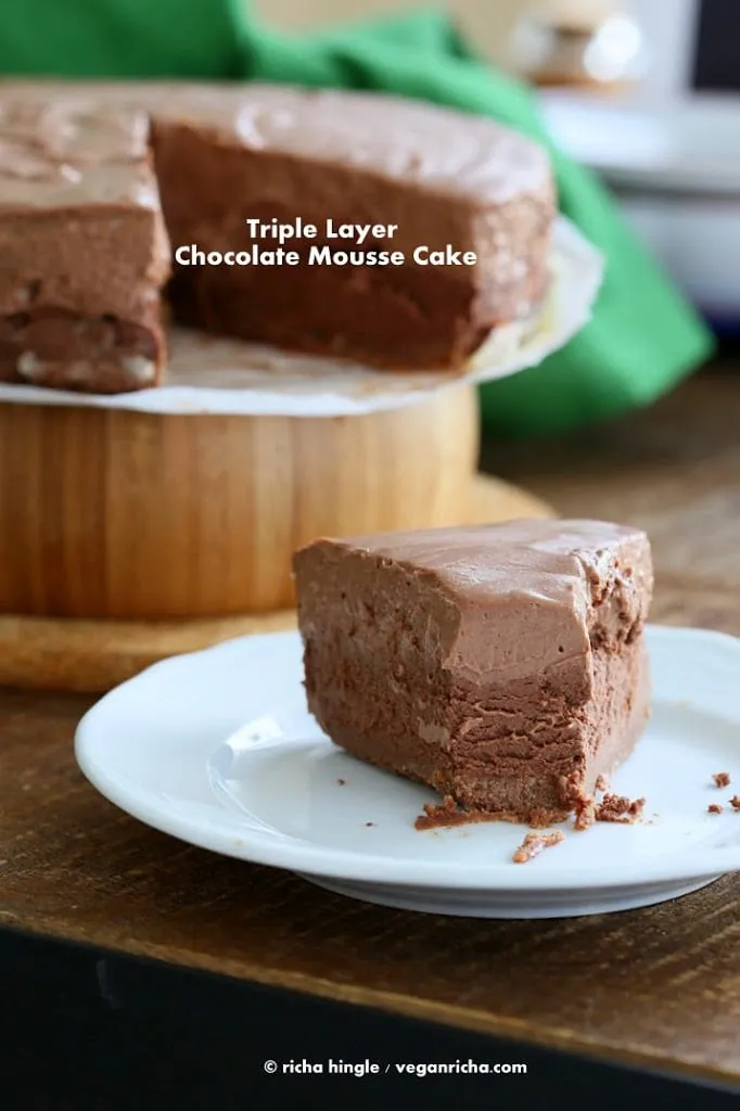 Triple Layer Chocolate Mousse Cake Vegan Gluten free Recipe. No Bake, No Palm oil