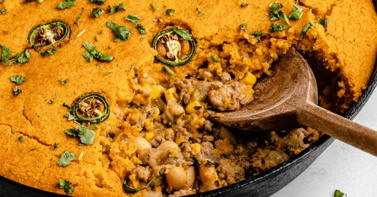 White Chicken Chili Pie with Pumpkin Cornbread Crust