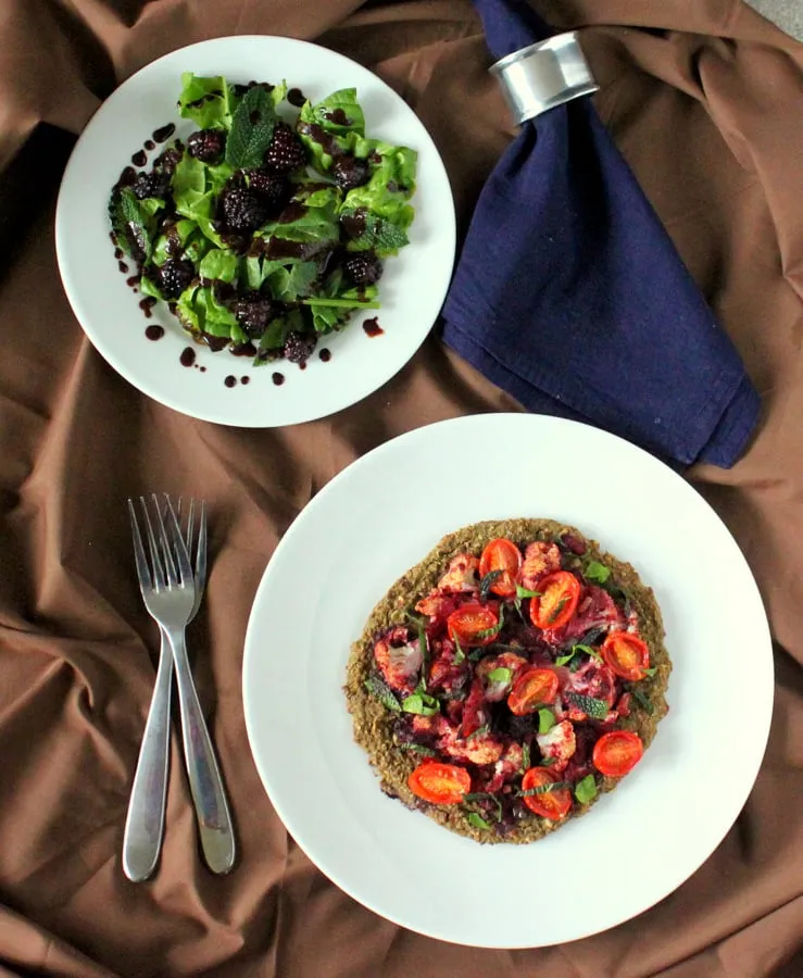 Black-eyed Pea Pizza crust, Blackberry Tomato chutney w/ Cauliflower, and Spinach Blackberry Mint Salad. Glutenfree, recipe