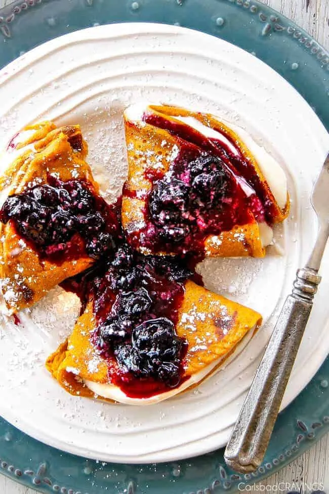Brown Sugar Carrot Cake Crepes with Cream Cheese Filling and Blueberry Sauce