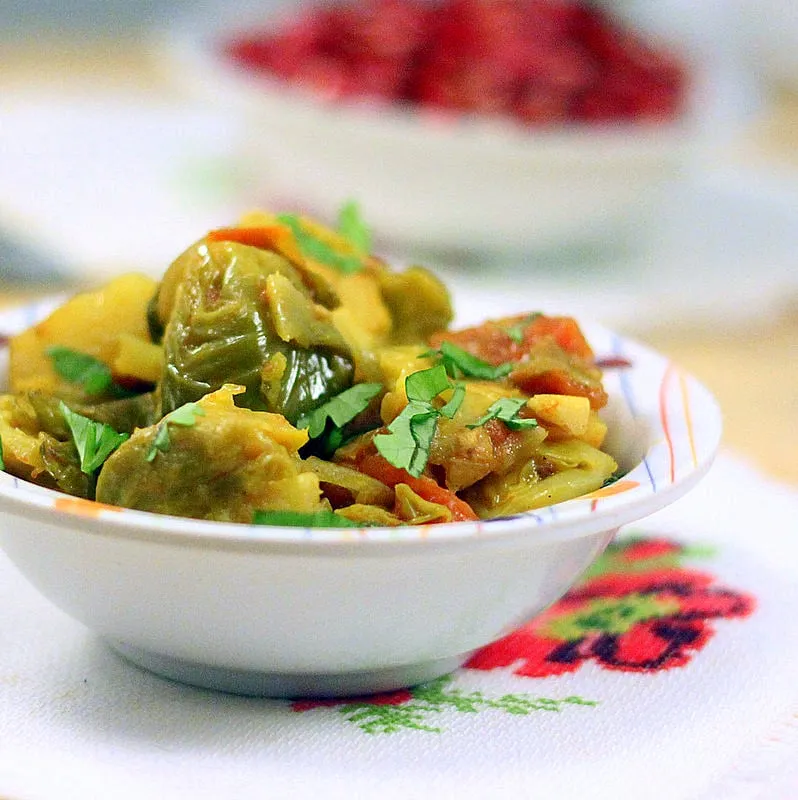 Brussels Sprouts And Potato In Tomato Gravy. Vegan Gluten Free.